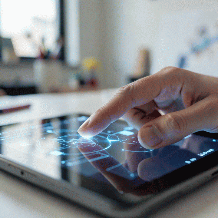 Tangan yang berinteraksi dengan antarmuka digital futuristik pada tablet, melambangkan penggunaan alat AI untuk desain konten.