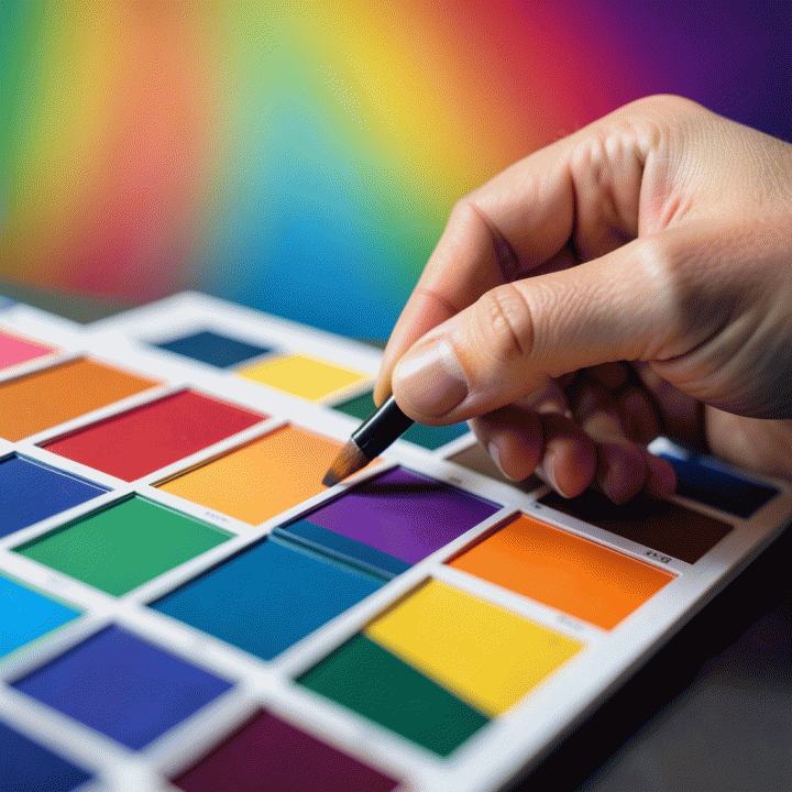 Close-up of a hand selecting vibrant color swatches on a digital palette, illustrating color psychology for design.