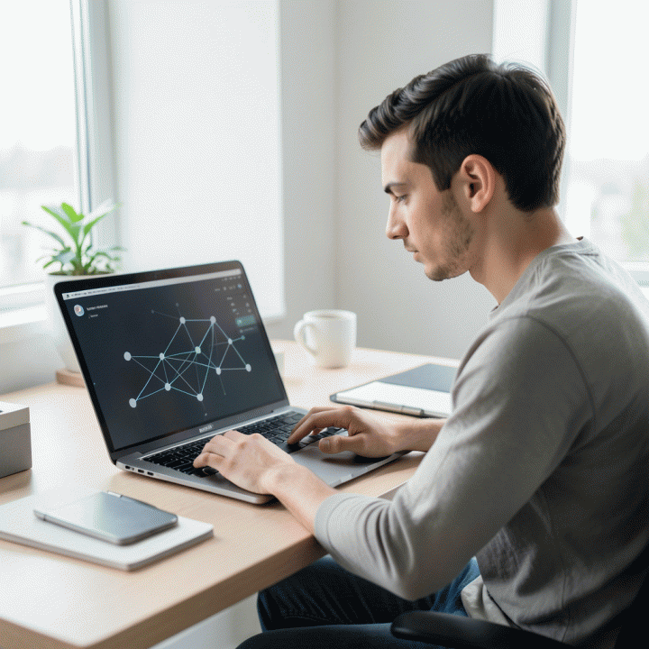Seorang profesional muda yang fokus bekerja di depan laptop dengan visualisasi data abstrak, melambangkan asesmen kemampuan kognitif.