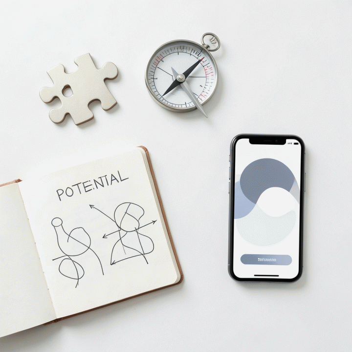 Komposisi flat lay yang berisi simbol-simbol kecerdasan, puzzle, dan alat asesmen modern, melambangkan pengembangan potensi diri.