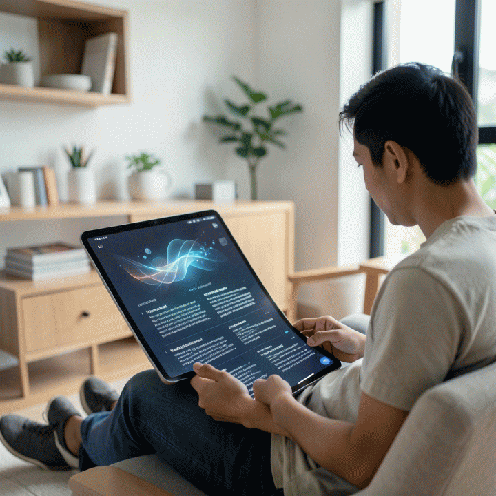 Seorang profesional muda di ruangan yang tenang menggunakan aplikasi jurnal digital yang menampilkan teks dan visualisasi suasana hati yang terstruktur, melambangkan transformasi pikiran yang berantakan menjadi catatan yang terorganisir.