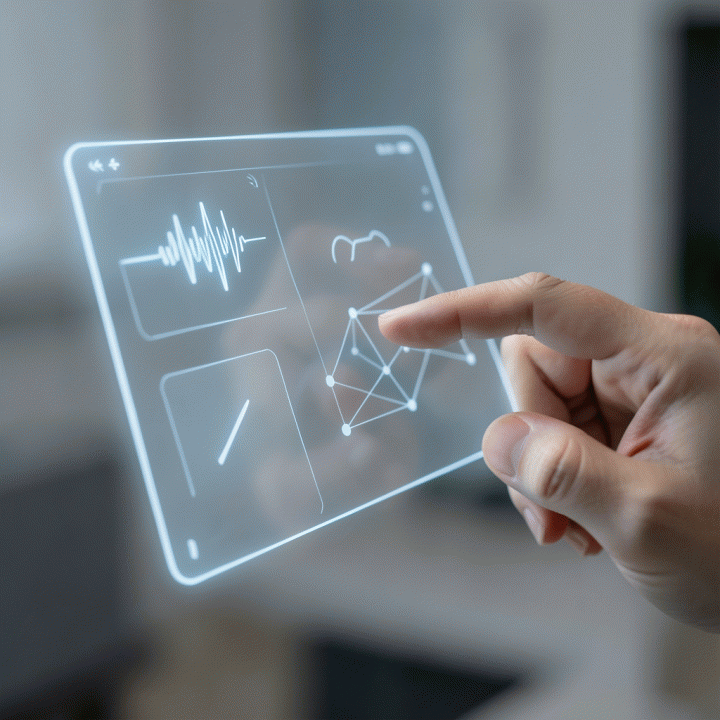 Tangan berinteraksi dengan antarmuka jurnal digital abstrak yang menunjukkan berbagai mode input (suara, teks, gambar), menonjolkan kemudahan dan fitur AI.