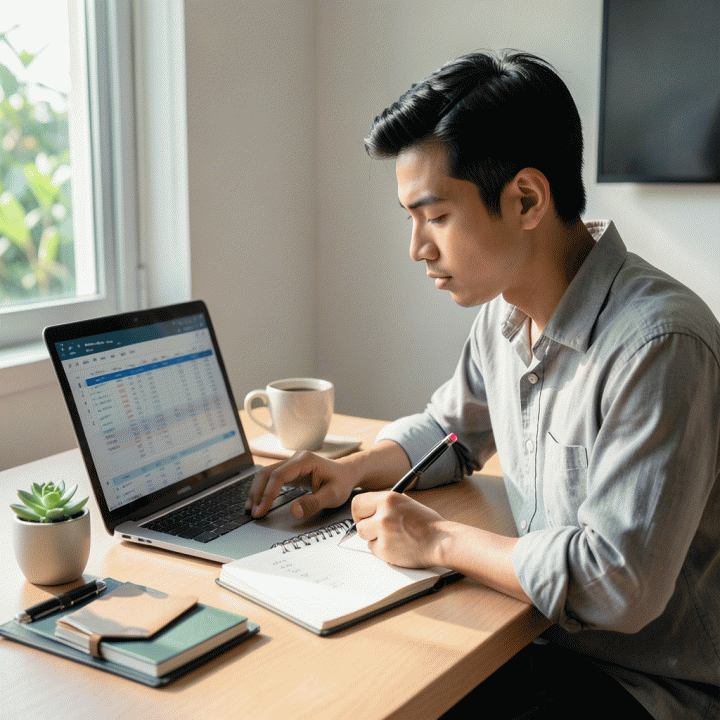 Seorang profesional muda di kantor rumah yang tenang sedang bekerja dengan fokus pada spreadsheet keuangan di laptop, dikelilingi oleh dekorasi minimalis dan tanaman hijau untuk suasana hati yang sehat.