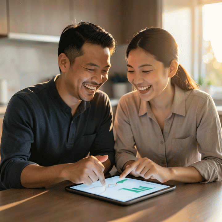 Pasangan muda Indonesia yang bahagia dan santai sedang berdiskusi bersama mengenai rencana keuangan mereka di meja dapur modern, menunjukkan kerjasama finansial.