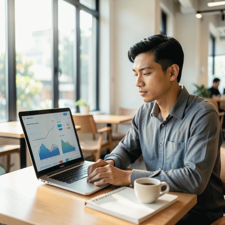 Seorang profesional muda Indonesia yang fokus dan tenang di kafe co-working modern, menggambarkan keseimbangan antara kerja produktif dan perencanaan finansial yang terarah.