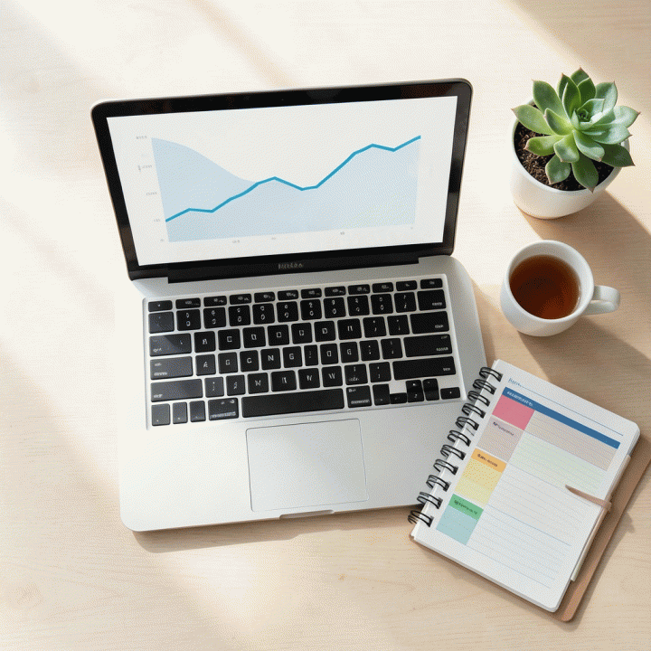 Susunan meja kerja yang menyeimbangkan elemen produktivitas (laptop dan catatan) dengan komponen perawatan mental (tanaman dan teh), menggambarkan gaya hidup seimbang.