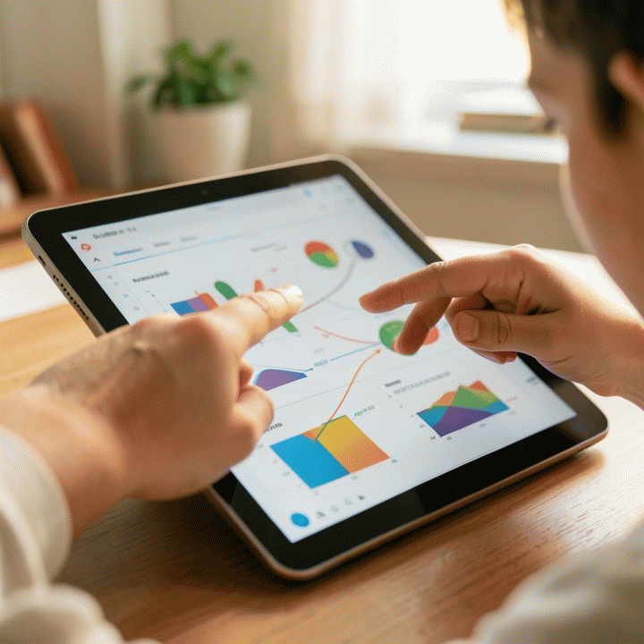 Tangan dewasa dan anak menunjuk ke layar tablet yang menampilkan diagram keuangan abstrak, menunjukkan kolaborasi perencanaan anggaran keluarga.