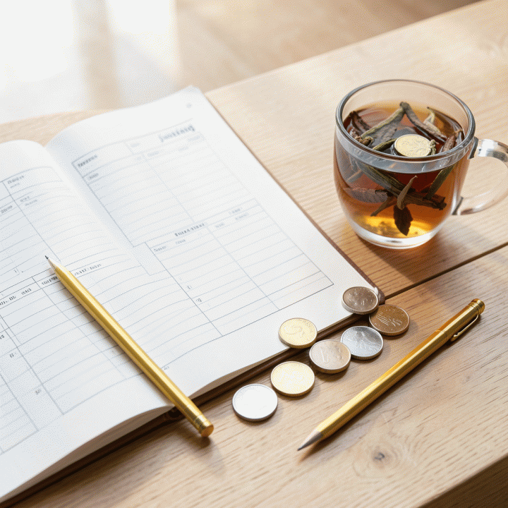 Perlengkapan journaling dan keuangan yang tertata rapi, melambangkan perencanaan finansial yang matang.