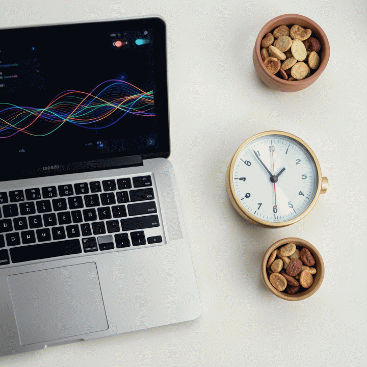 Tampilan atas meja kerja yang sangat terorganisir, menampilkan laptop dengan visualisasi data abstrak, timer fokus, dan elemen penyeimbang, melambangkan anti-distraksi.