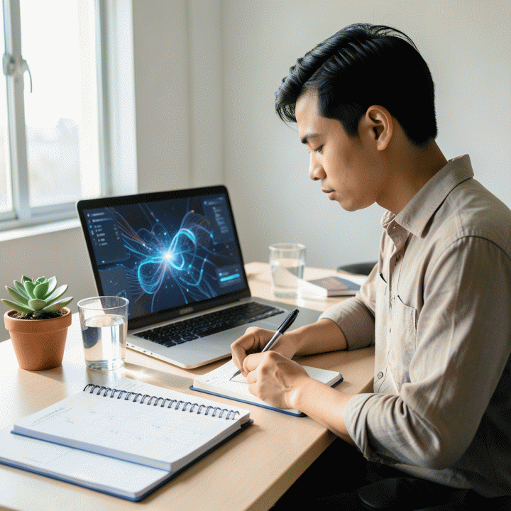 Seorang profesional muda Indonesia yang fokus bekerja di ruang minimalis modern dengan pencahayaan alami, menyeimbangkan pekerjaan digital dengan mencatat di jurnal fisik, melambangkan manajemen energi dan fokus.