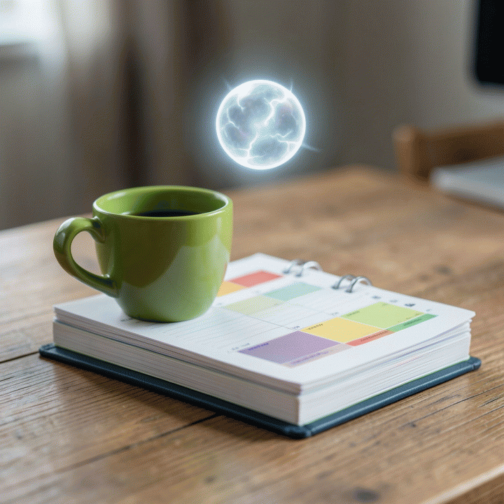 Tumpukan objek yang melambangkan manajemen energi: cangkir matcha, buku agenda terstruktur, dan elemen visual yang menenangkan di atas meja kayu.