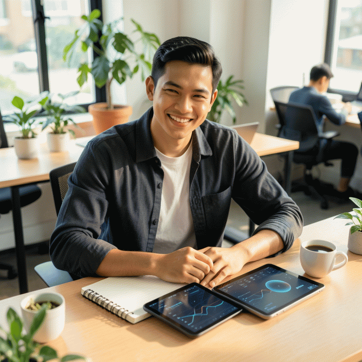 Seorang profesional muda Indonesia bekerja dengan fokus dan produktif di co-working space modern yang tenang, melambangkan efisiensi kerja di era digital.