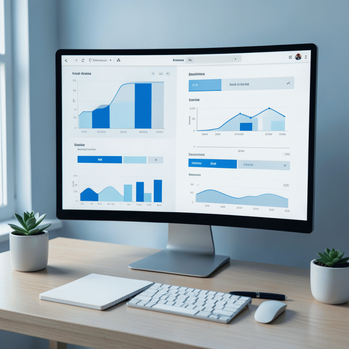 Tampilan meja kerja digital yang sangat rapi dan minimalis, menampilkan visualisasi data tugas dan manajemen waktu abstrak.