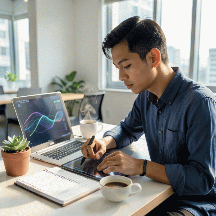 Seorang profesional muda Indonesia yang sangat fokus di meja kerja modern dengan pencahayaan alami, dikelilingi oleh elemen organisasi digital dan alami, melambangkan peningkatan produktivitas di era digital.