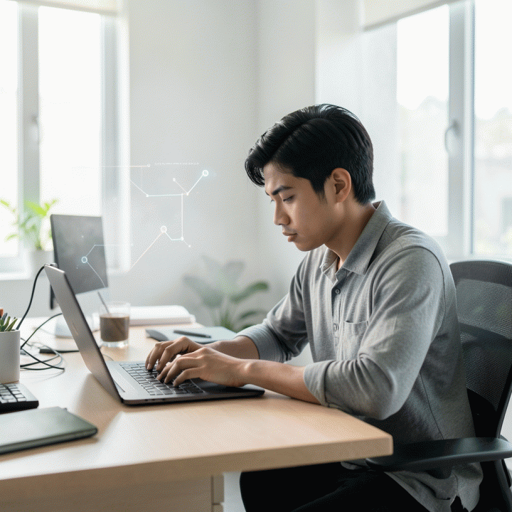 Seorang profesional muda Indonesia yang fokus bekerja di ruang kerja modern yang tenang dan minimalis, menggambarkan peningkatan fokus dan produktivitas di era digital.