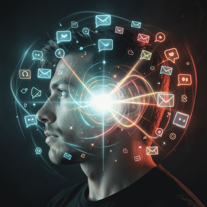 Visualisasi abstrak tentang mengelola distraksi digital, di mana kekacauan notifikasi diarahkan menjadi fokus yang tenang.