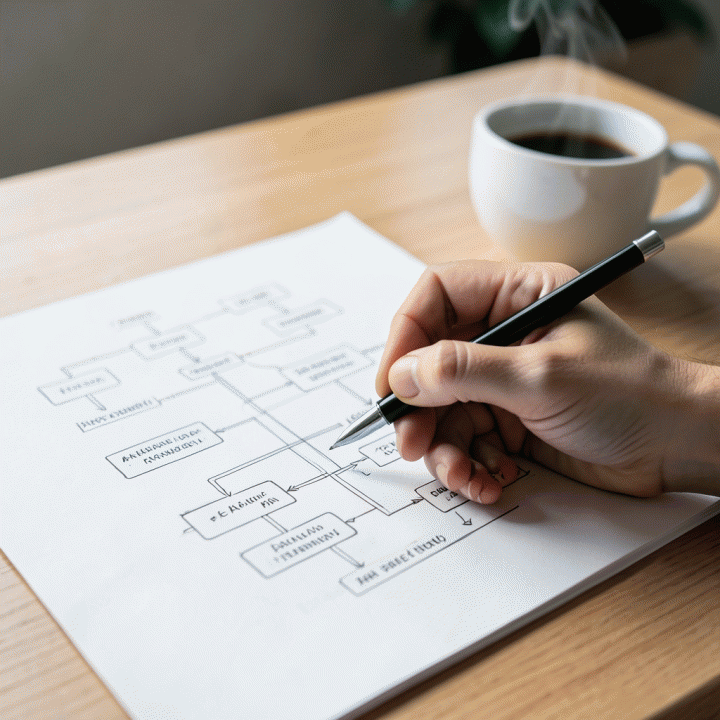 Tangan yang sedang membuat peta pikiran (mind map) atau diagram alur kerja yang terstruktur di atas kertas, menunjukkan perencanaan strategis.