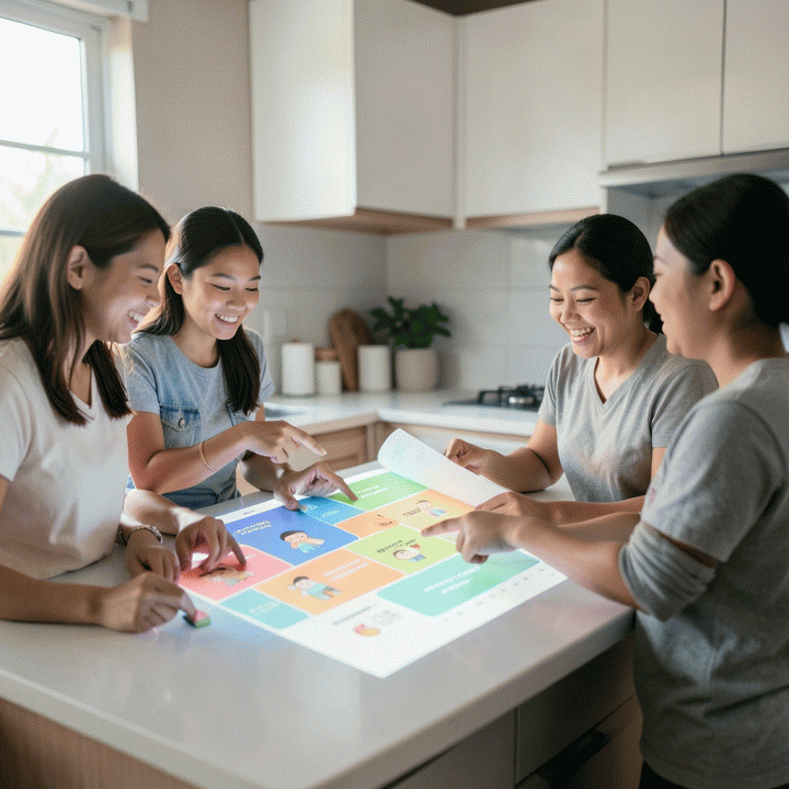 Keluarga Indonesia yang berdiskusi bersama di sekitar kalender digital yang menampilkan rencana keluarga bersama, fokus pada interaksi dan perencanaan.