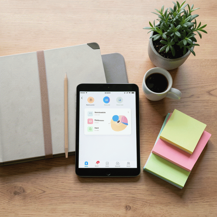 Tampilan atas (flat lay) yang terorganisir dari buku perencana keluarga, tablet, kopi, dan catatan warna-warni yang melambangkan manajemen waktu keluarga.