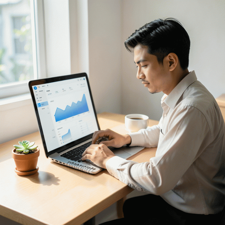 Seorang profesional muda Indonesia yang fokus dan termotivasi di meja kerja minimalis, meninjau dashboard keuangan abstrak dan merencanakan langkah produktif pasca liburan.