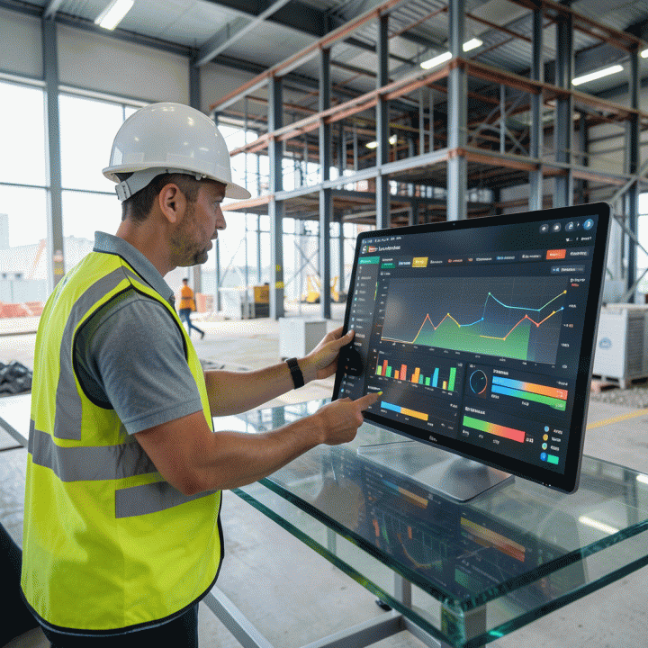 Seorang manajer proyek sedang menganalisis dashboard digital terintegrasi yang menampilkan jadwal dan progres biaya konstruksi di lokasi proyek modern.