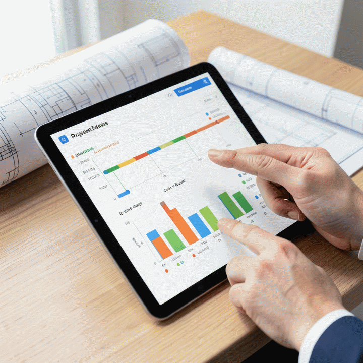 Tangan seorang profesional menunjuk pada dashboard progres proyek di tablet, menunjukkan perbandingan antara rencana dan realisasi biaya.
