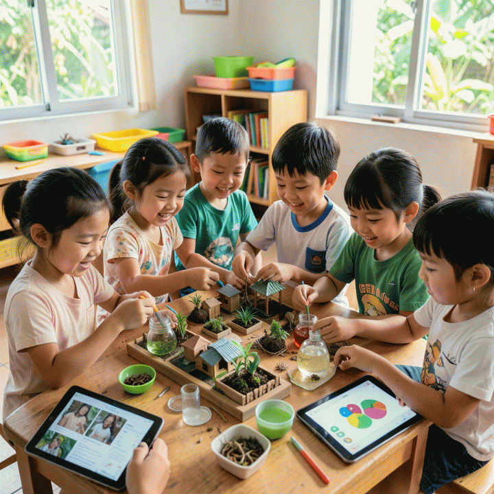 An Indonesian classroom scene showing preschool children actively engaged in a hands-on, collaborative project, symbolizing effective early childhood education and play-based learning.