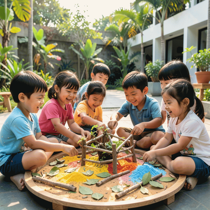 Anak-anak usia dini Indonesia yang ceria sedang melakukan kegiatan belajar berbasis proyek di luar ruangan, berinteraksi dengan alam dan teman-temannya.
