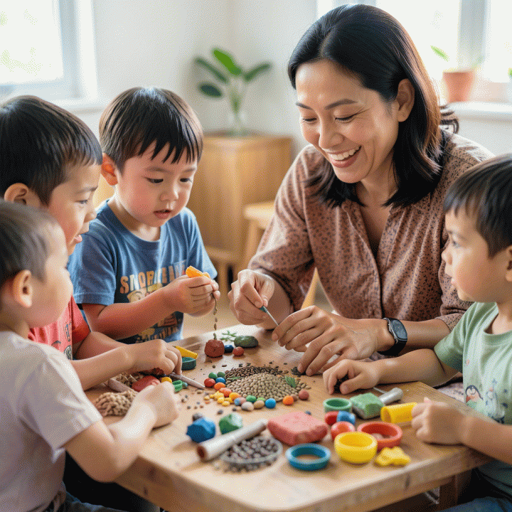 Guru Indonesia sedang memfasilitasi kegiatan belajar proyek dengan anak-anak usia dini, menunjukkan interaksi yang hangat dan suportif.