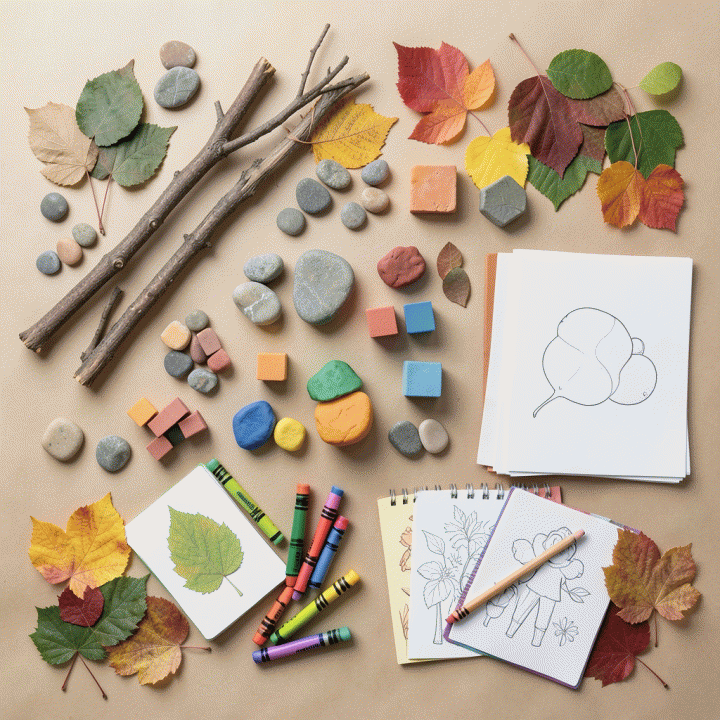 Komposisi flat lay berbagai material dan hasil karya proyek untuk pembelajaran anak usia dini, menunjukkan keragaman dan kreativitas.