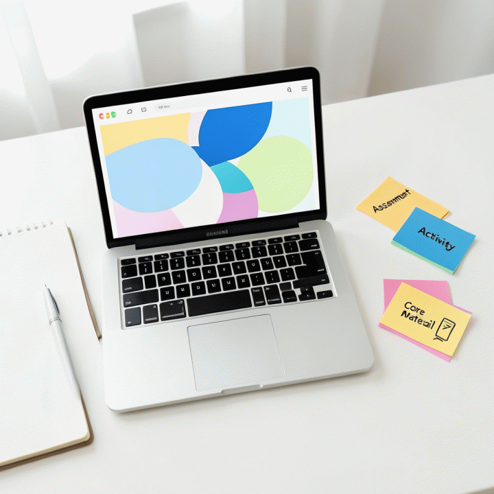 Foto flat lay yang menampilkan laptop dengan antarmuka AI dan perlengkapan belajar lainnya, melambangkan paket pembelajaran lengkap yang terstruktur.