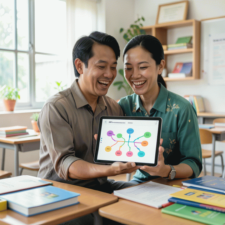 Guru Indonesia yang tersenyum menggunakan tablet AI di kelas modern, menunjukkan proses pembuatan RPP otomatis yang efisien dan menyenangkan.