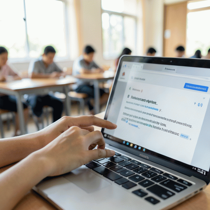 Tangan mengetik prompt yang spesifik dan terstruktur di laptop, menunjukkan cara memberi perintah pada AI untuk menghasilkan materi ajar.