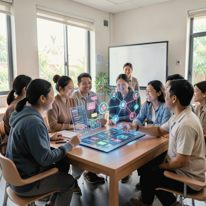 Guru-guru Indonesia berinteraksi dengan antarmuka AI futuristik di kelas modern, menunjukkan proses pembuatan RPP dan materi ajar yang otomatis dan efisien.