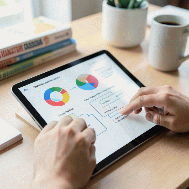 Tangan mengetik prompt ke tablet AI, dan antarmuka menampilkan diagram RPP dan materi ajar yang tersusun rapi.