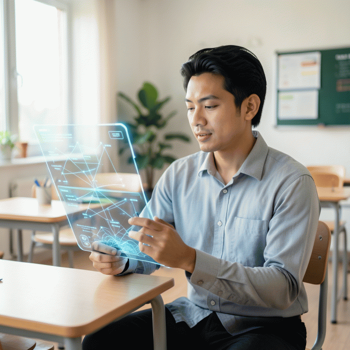 Guru profesional Indonesia yang menggunakan antarmuka hologram atau tablet modern untuk menyusun rencana pembelajaran (RPP) secara otomatis dan efisien, melambangkan teknologi pendidikan.