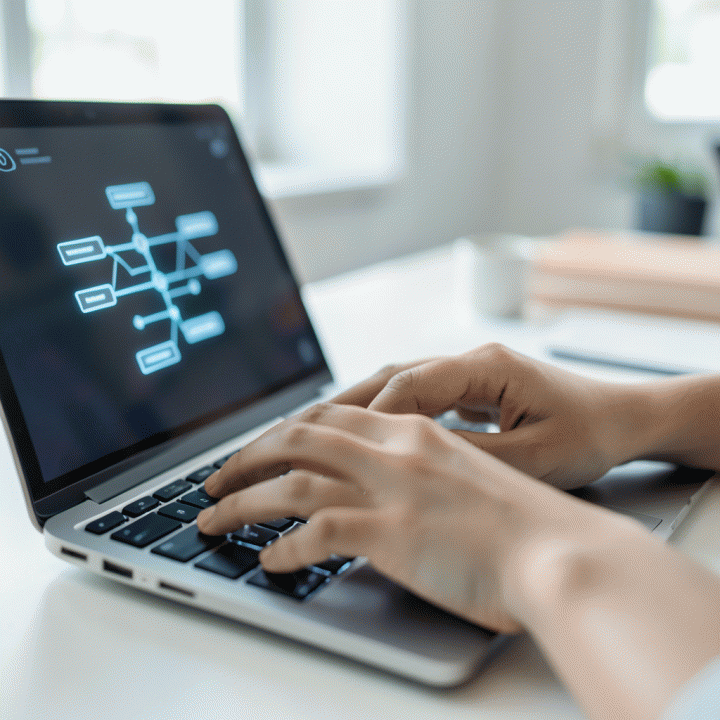 Fokus pada tangan guru yang mengetik di laptop modern, melambangkan input prompt AI untuk menghasilkan materi ajar yang terstruktur.