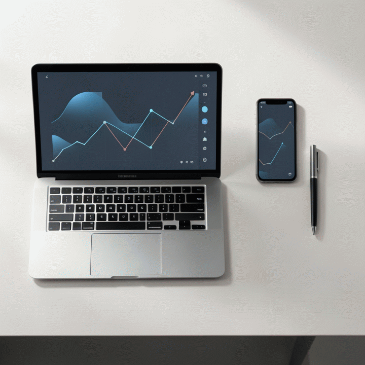 Komposisi flat lay alat digital dan AI yang modern di atas meja, menunjukkan proses pembuatan foto profesional.