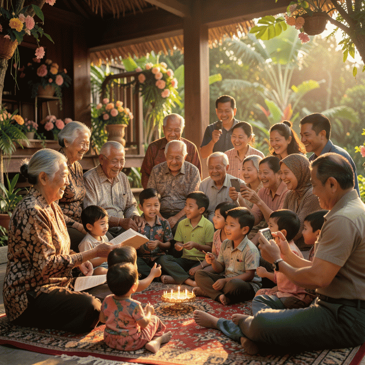 Konsep foto keluarga besar yang hangat dan penuh kenangan untuk perayaan ulang tahun atau hari jadi.