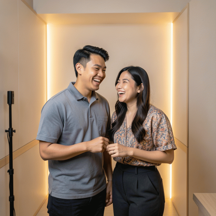 Interior photobooth modern yang menunjukkan sepasang kekasih Indonesia berpose dengan ceria, menciptakan suasana sinematik.