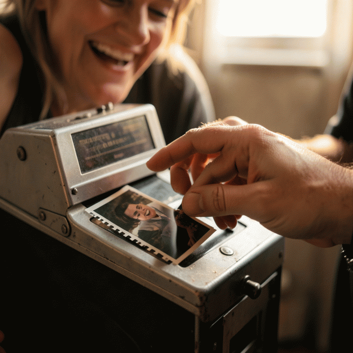 Tangan sepasang kekasih berinteraksi dengan mesin photobooth vintage, fokus pada suasana romantis dan nostalgia.