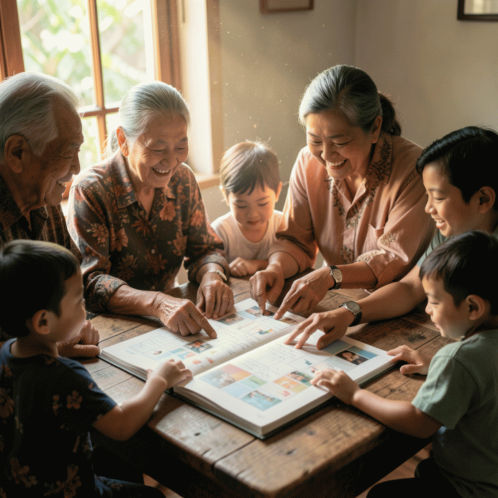 Foto sinematik keluarga multi-generasi Indonesia yang sedang berkumpul dan berkolaborasi menyusun silsilah keluarga di meja kayu, melambangkan upaya melestarikan warisan keluarga.