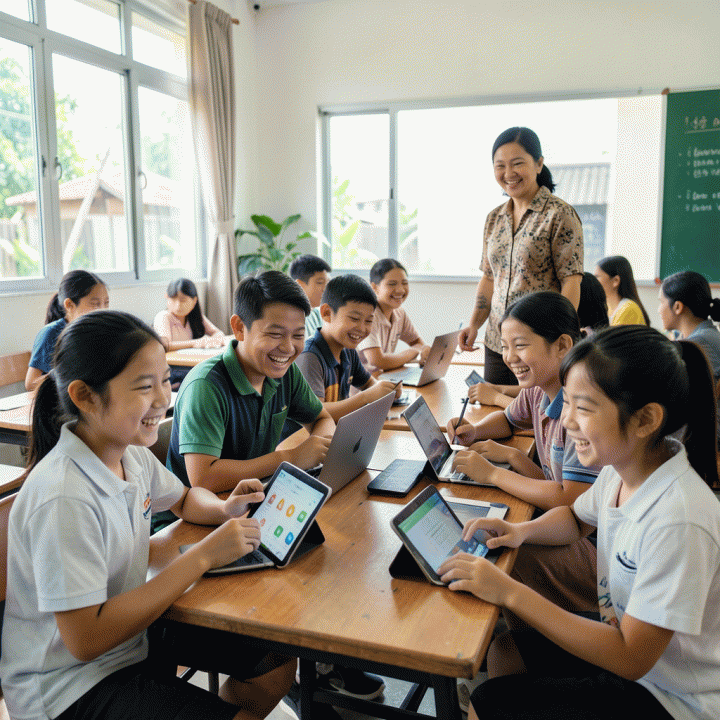 Adegan kelas modern di Indonesia dengan siswa dan guru yang antusias berpartisipasi dalam kuis interaktif menggunakan perangkat teknologi.