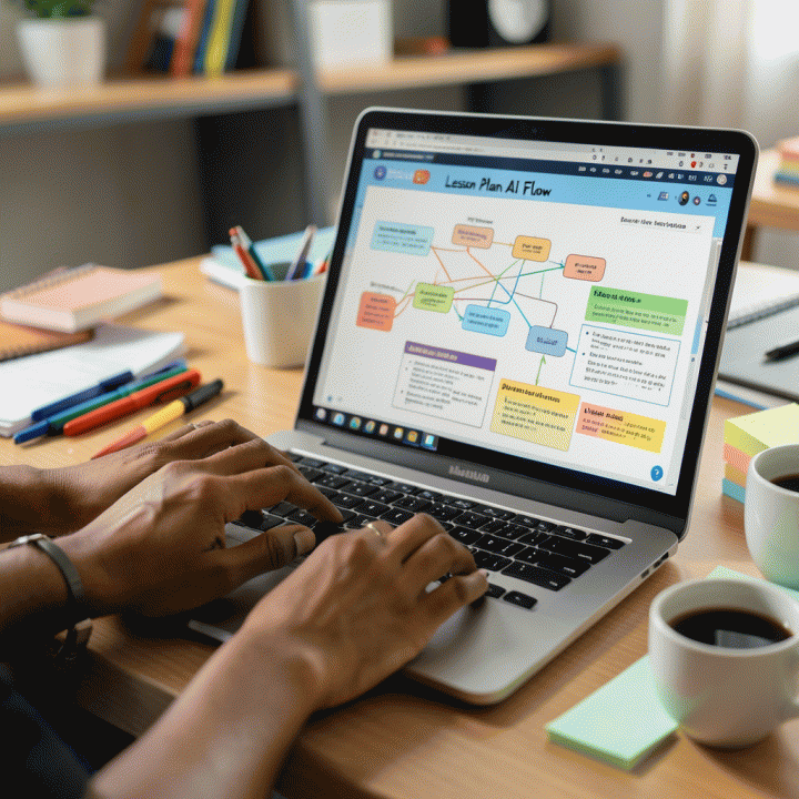 Penggunaan AI di laptop untuk merancang lesson plan dan worksheet secara efisien di meja guru.