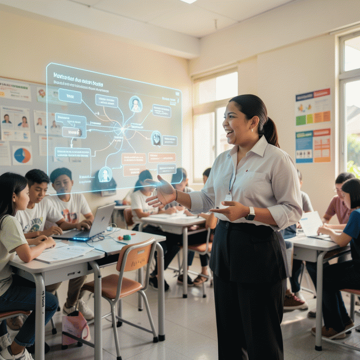 Guru Indonesia berinteraksi dengan AI tools di ruang kelas modern, merancang materi ajar interaktif dan terkini untuk siswa.
