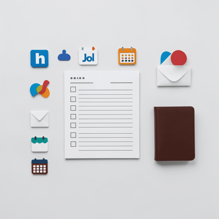 Tampilan datar (flat lay) yang menunjukkan berbagai elemen alat bantu kerja seperti checklist, jurnal, dan ikon platform kerja yang tertata rapi, melambangkan manajemen karir yang terstruktur.