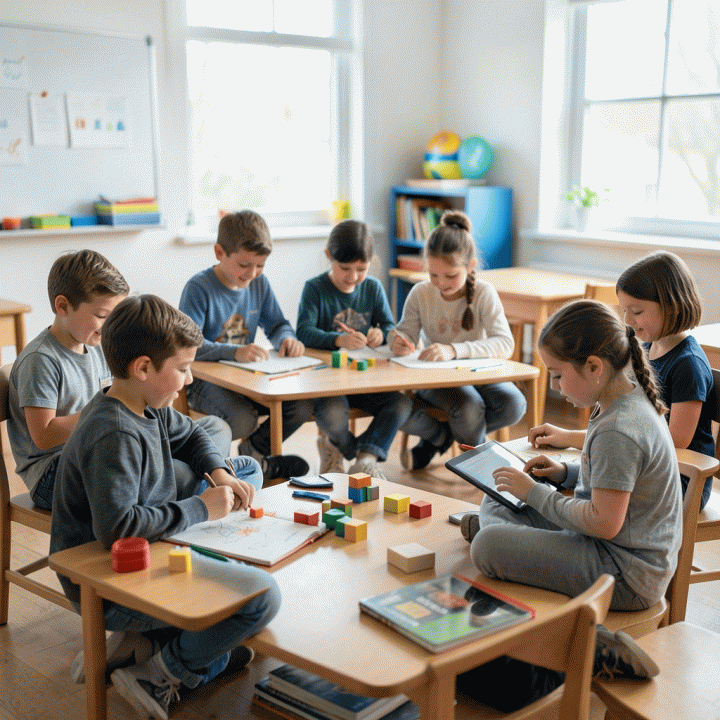 Kelas sekolah dasar modern yang menampilkan siswa-siswa yang aktif belajar melalui kegiatan fisik dan interaktif, menekankan keseimbangan antara teknologi dan pembelajaran tradisional.