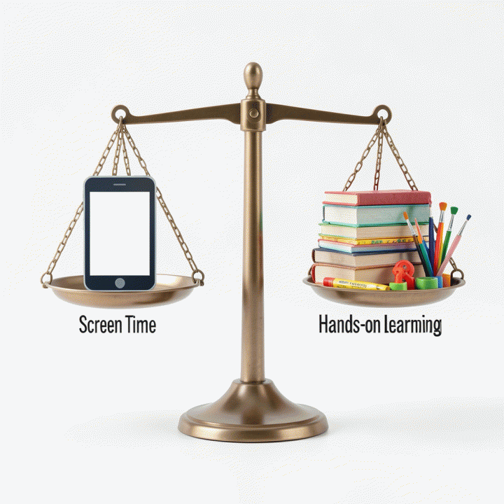 Visualisasi keseimbangan antara waktu layar digital dan kegiatan belajar tangan (hands-on learning) dalam konteks pendidikan.