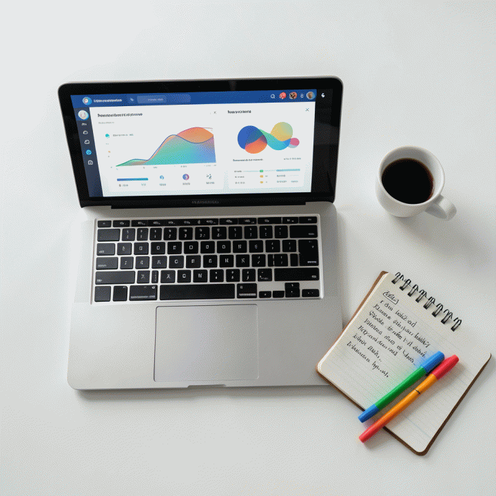 Tampilan meja kerja yang rapi berisi laptop dengan dashboard AI abstrak dan alat-alat perencanaan mengajar, melambangkan proses refleksi dan evaluasi sistematis.