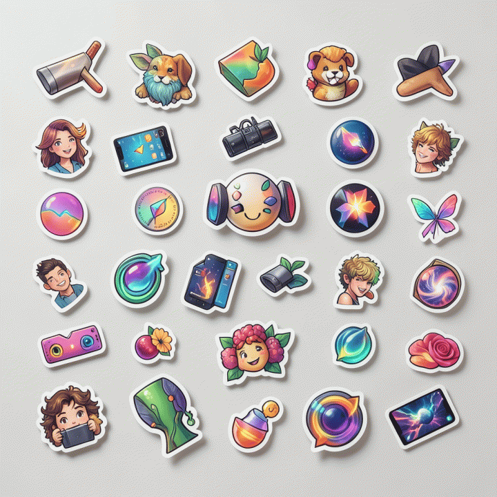 A photorealistic, aesthetically pleasing Instagram feed design showcasing various digital sticker assets arranged artistically on a minimalist background, emphasizing digital design creativity.